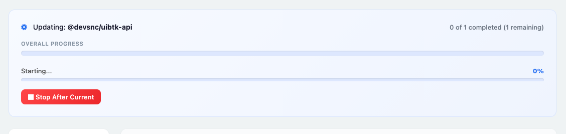the progress bar partway through a batch, naming the plugin being updated with a button to stop after it finishes