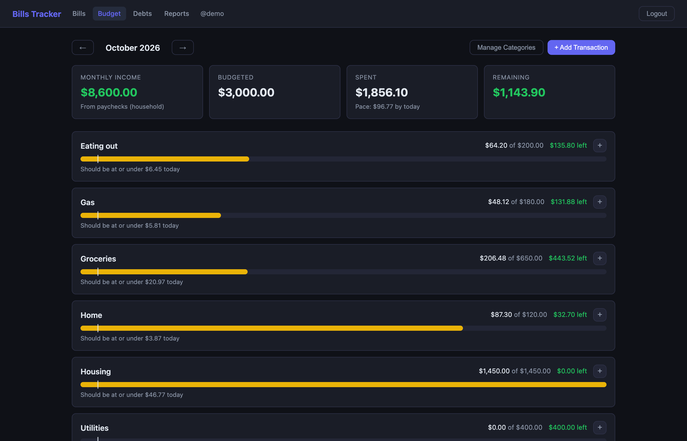 the budget page with spending against each category and a pace line for the month