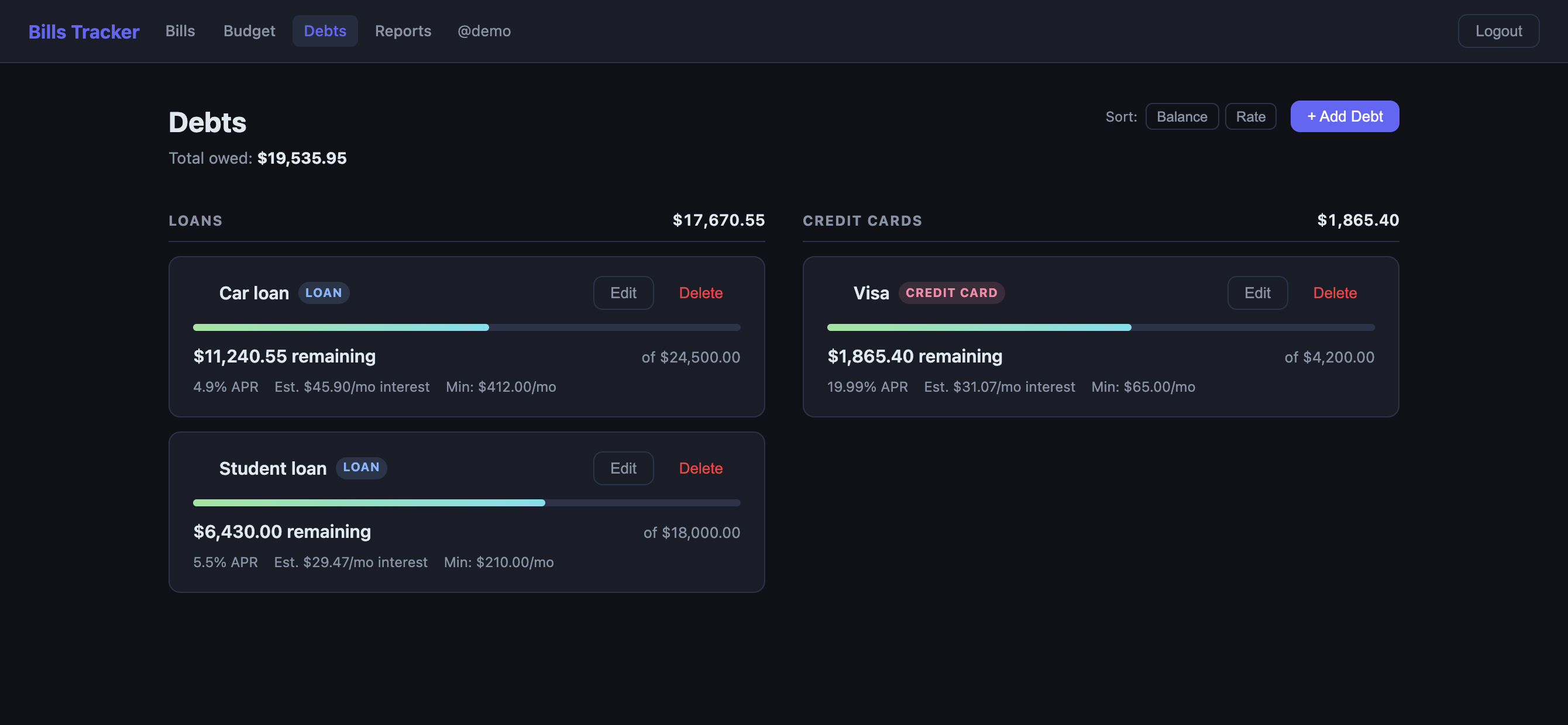 the debts page with loans and credit cards, each showing the balance left against the original