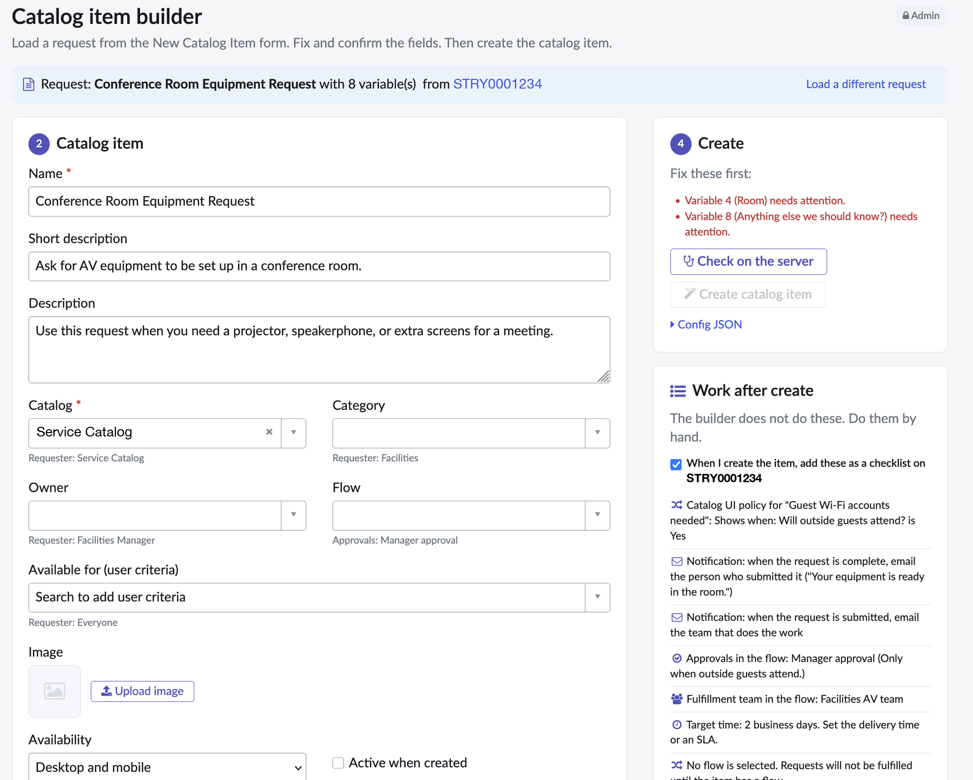 the admin builder with the request loaded from the story, record pickers for catalog and flow, and the follow-up work listed on the right