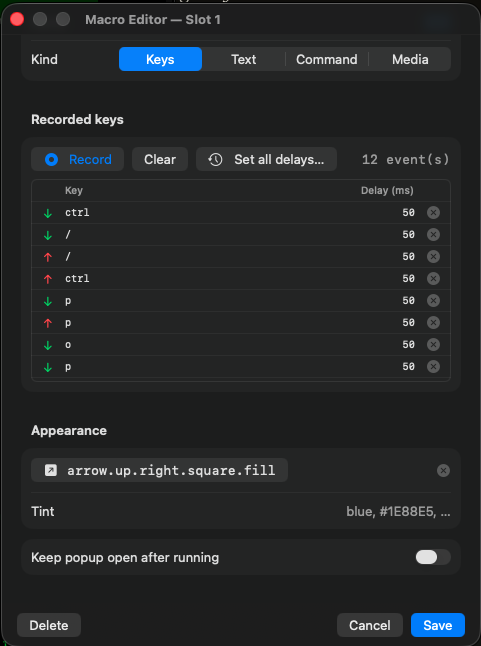 the macro editor on the Keys tab, listing recorded key events with a delay on each one