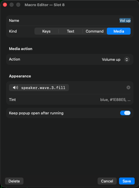 the macro editor on the Media tab with the action set to Volume up