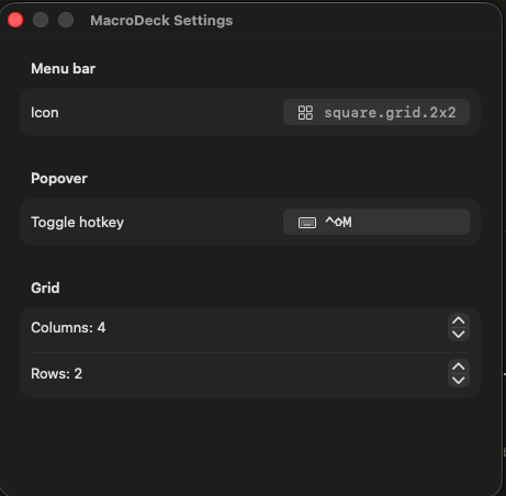 the settings window with fields for the menu bar icon, the toggle hotkey, and the grid size