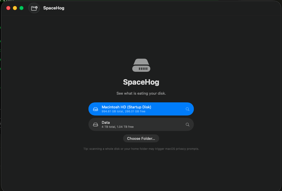 the opening screen listing the disks on the Mac with their free space, and a button to choose a folder instead