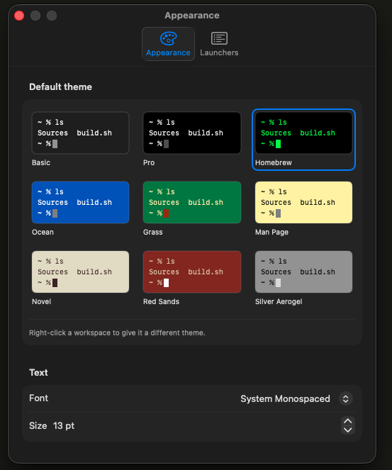the appearance pane with eight terminal themes and the font size setting