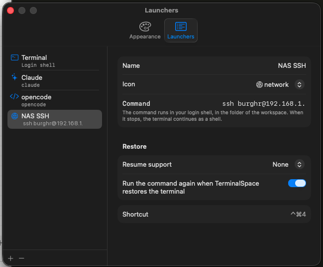 the launchers settings pane, with a saved SSH command, an icon, a shortcut, and a switch to rerun it on restore