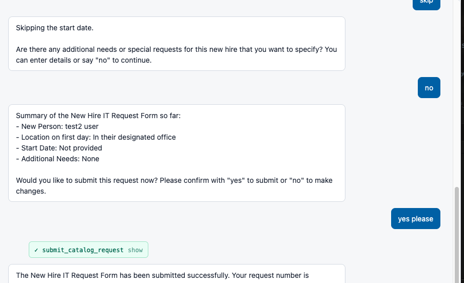 the assistant chat partway through a new-hire catalog request