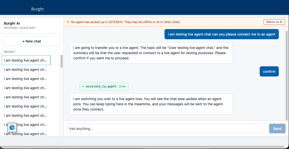 the chat window after a handoff to a live agent