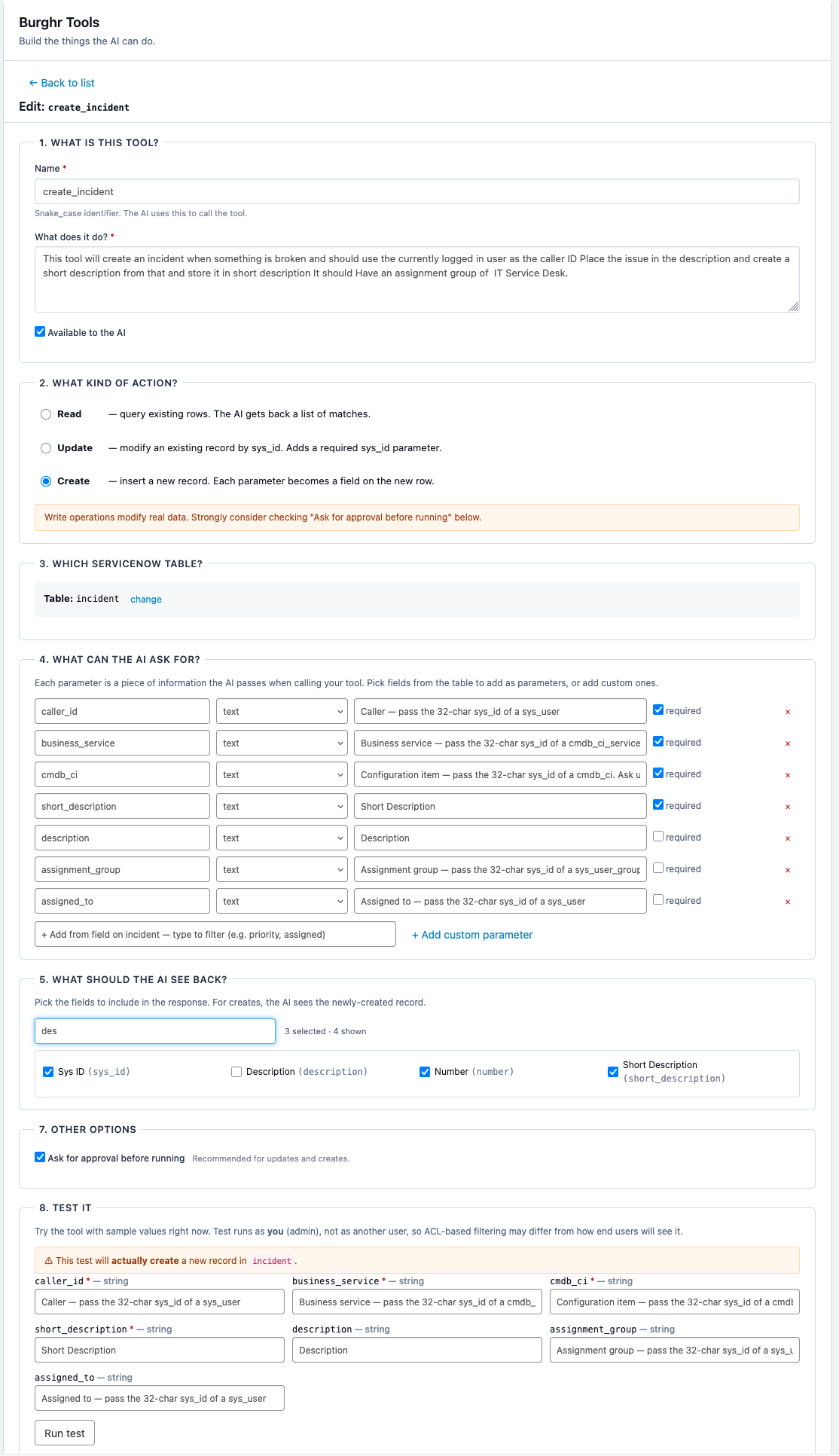 the tool builder form with a create-incident tool partially filled out