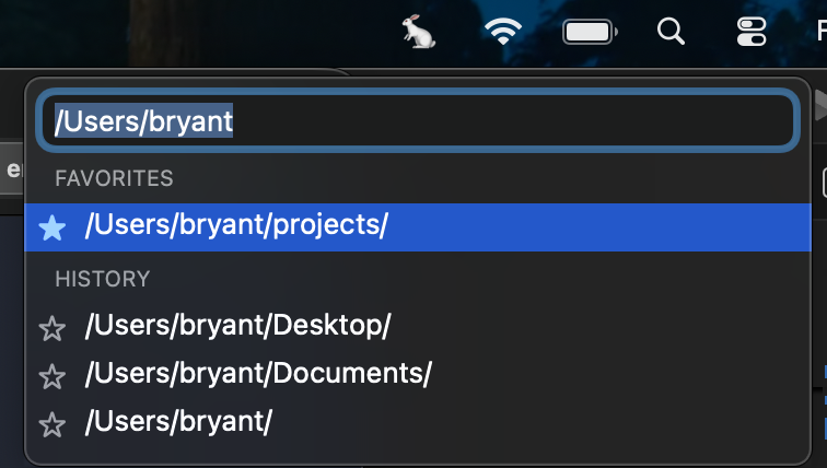 Hop dropdown showing the path field, favorites, and history