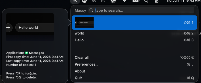 Maccy's clipboard history popup, with a search field, recent copies, and a preview pane showing where each one came from