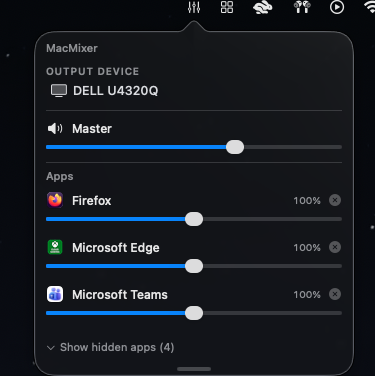 MacMixer menu bar popover with per-app volume sliders